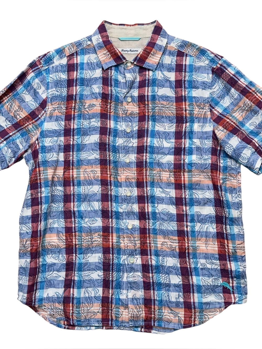 Tommy Bahama Shirt Mens Size M Short Sleeve 100% Linen Floral Plaid Blue